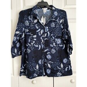 HASTING & SMITH WOMEN'S TOP NAVY FLORAL/PAISLEY GRAPHIC BUTTON DOWN ROLL SLEEVE